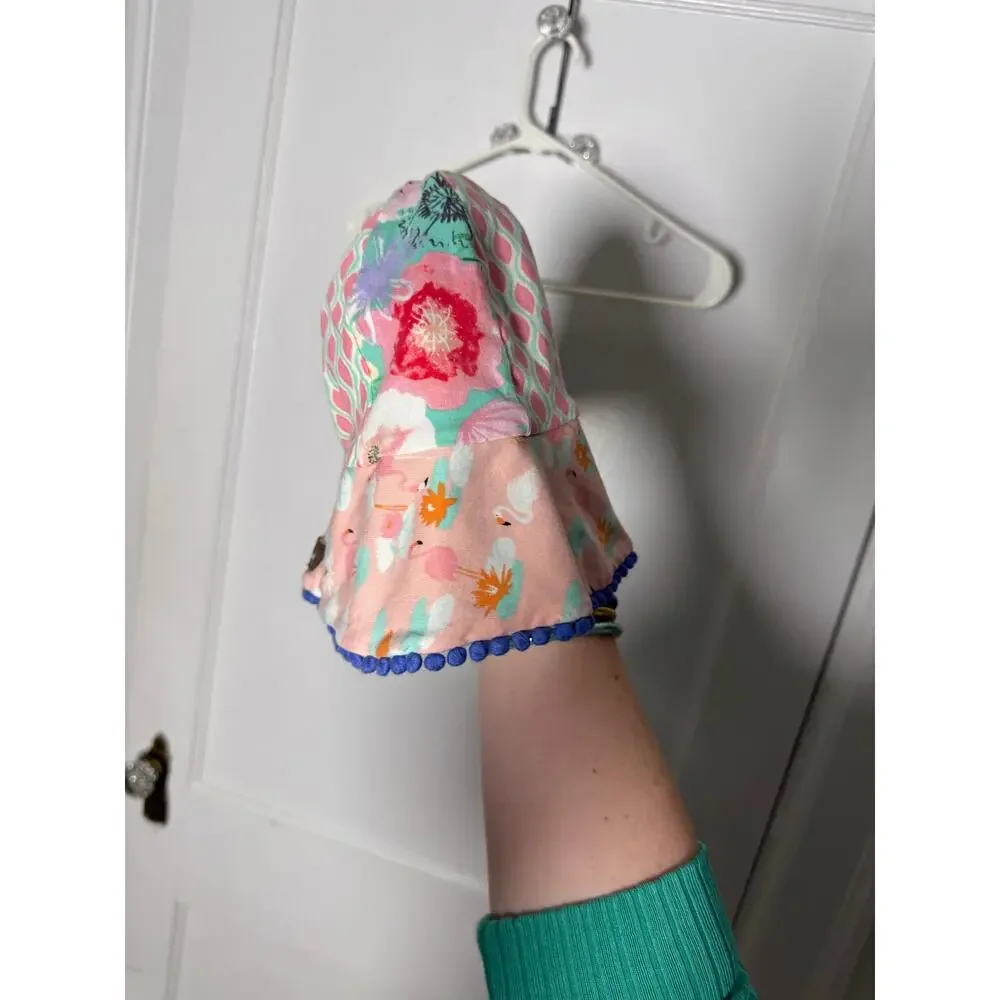 Matilda Jane Girls Reversible Bucket Sun Hat Floral Polka Dot Pom Pom Cotton